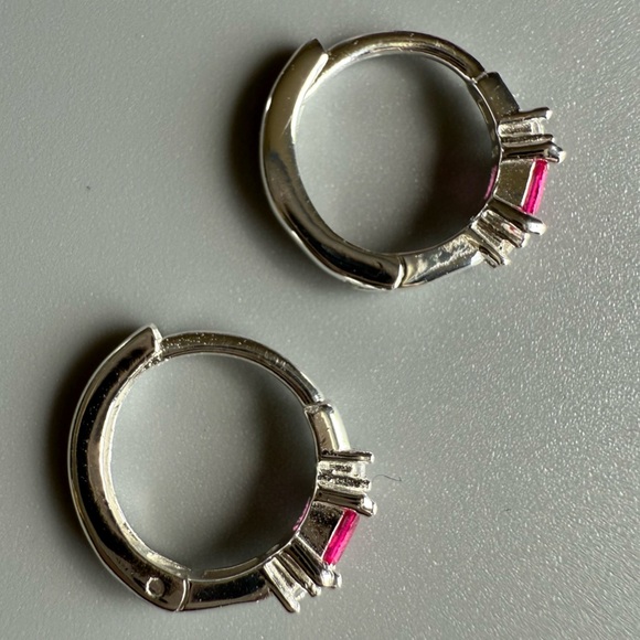 Sterling Silver Ruby Baguette Huggie Hoop Earrings 11mm - Picture 7 of 11